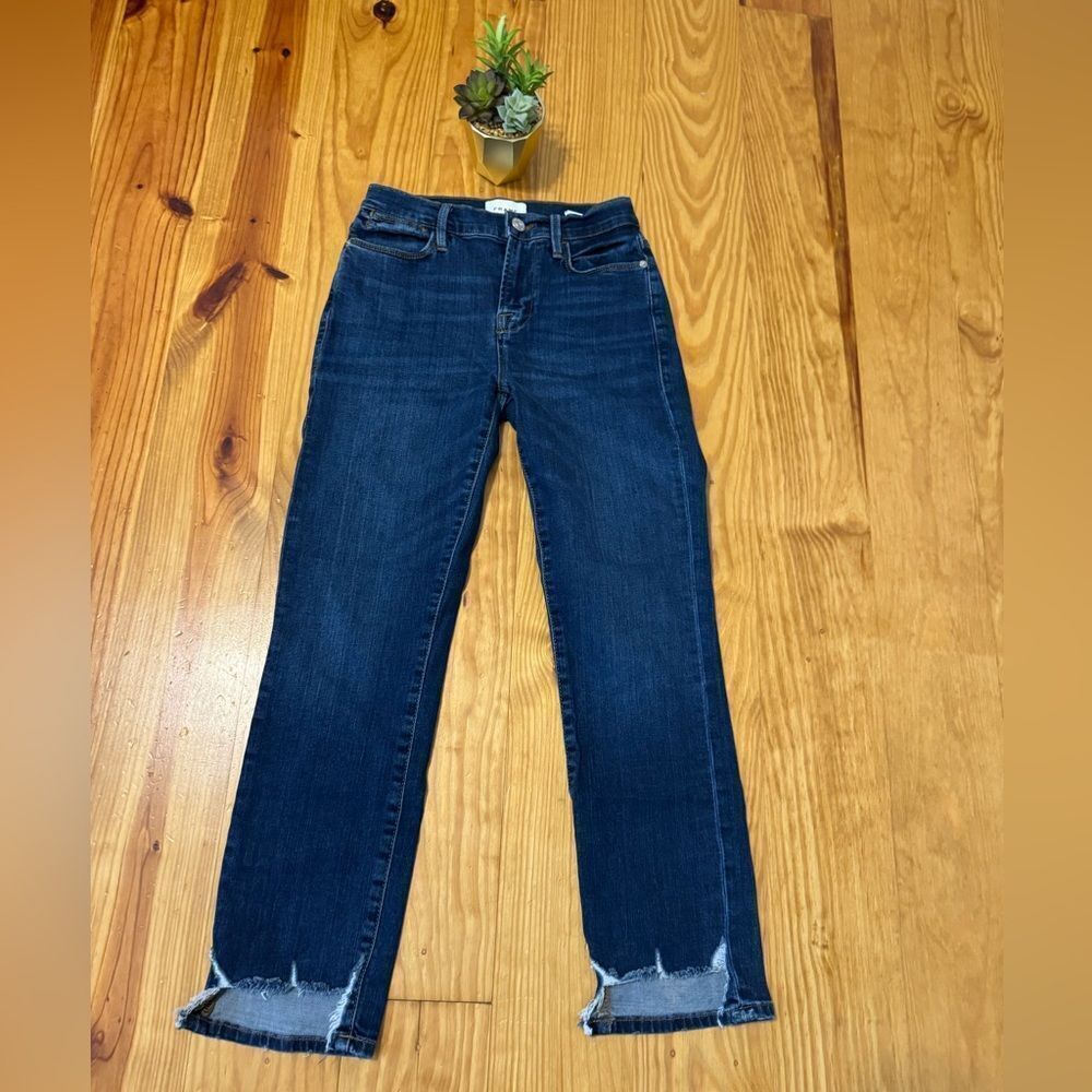 FRAME Le High Straight Jeans Women's Denim Sz 25 Blue Raw Leg Hem Mid Rise Boho